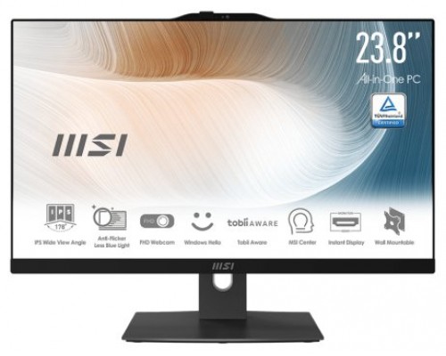 MSI AIO MODERN AM242TP 12M-823ES. 23.8" (60CM). PLANO. IPS. INTEL PROCESSOR N100. DDR4 SDRAM 16GB (8GB*2). 512 GB PCIE SSD. SIN S.O. NEGRO