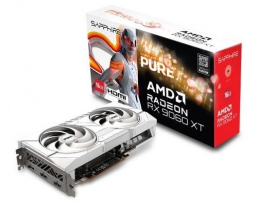 VGA SAPPHIRE PURE RX 9060 XT GAMING OC,AMD,RX9060XT,16GB,GDDR6,128BIT,2HDMI+2DP,ARGB,COLOR BLANCO (3 VENTILADORES)