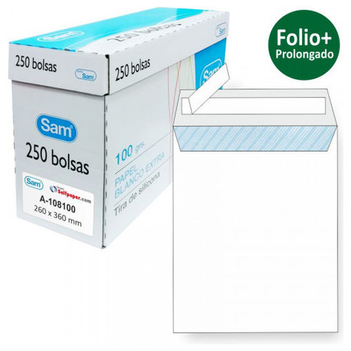 CAJA 250 BOLSAS FOLIO PROLONGADO (260X360) OFFSET BLANCO 100 GRS. OPENSAM AUTOADHESIVO CON TIRA DE SILICONA SAM 149005-MR9 CAJA 250 BOLSAS FOLIO PROLONGADO (260X360) OFFSET BLANCO 100 GRS. OPENSAM AUTOADHESIVO CON TIRA DE SILICONA SAM 149005