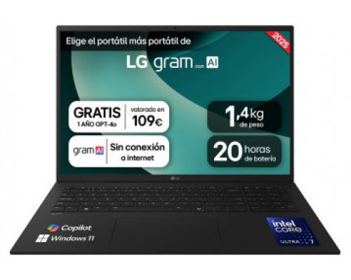 LG 17Z90T-G.AA78B ordenador portatil Intel Core Ultra 7 255H Portátil 43,2 cm (17") WQXGA 16 GB LPDDR5x-SDRAM 1 TB Unidad de disco duro Wi-Fi 7 (802.11be) Windows 11 Home Negro