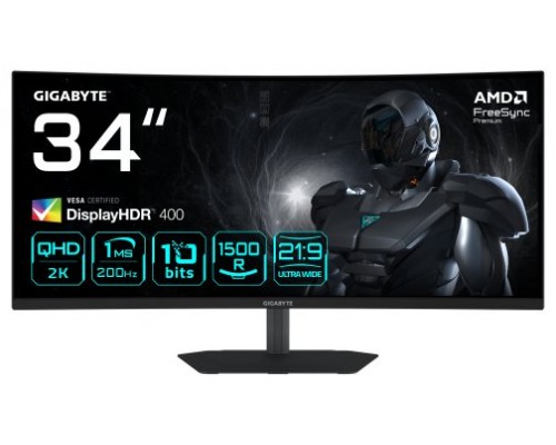 GIGABYTE G34WQC2 Monitor Gaming Curvo 34” WQHD - 3440 x 1440, 1500R, 200Hz, 1ms, 450 cd/m², AMD FreeSync Premium, DisplayHDR 400, HDMI 2.0, Displayport 1.4