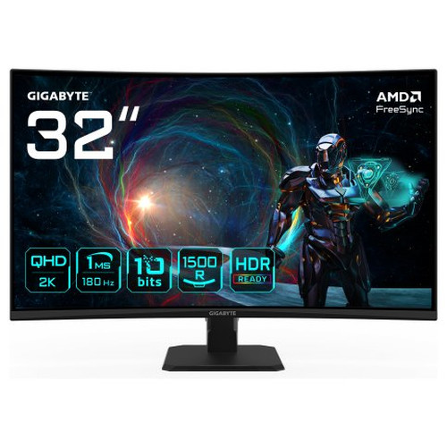 GIGABYTE GS32QCA 31.5" Monitor Curvo para Gaming QHD - 2560 x 1440, 180Hz, 1ms, 250 cd/m&sup2;, FreeSync, HDR Ready, HDMI 2.0, DisplayPort 1.4