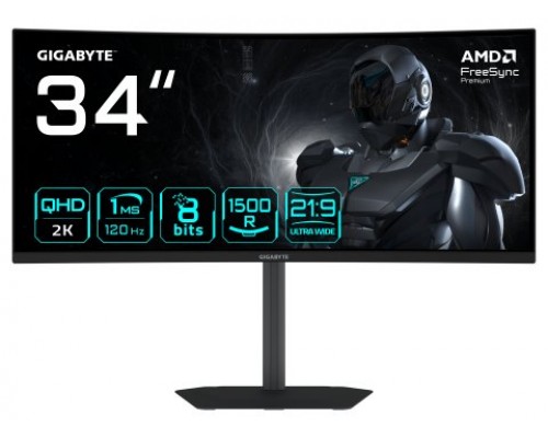 GIGABYTE GS34WQCA Monitor Gaming Curvo 34" WQHD – 3440 x 1440, 1500R, 120Hz, 1ms, 300 cd/m², FreeSync Premium, HDR Ready, HDMI 2.0, DisplayPort 1.4.-MR32 GIGABYTE GS34WQCA Monitor Gaming Curvo 34" WQHD – 3440 x 1440, 1500R, 120Hz, 1ms, 300 cd/m², FreeSync Premium, HDR Ready, HDMI 2.0, DisplayPort 1.4.