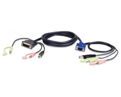 Aten 2L-7DX2U adaptador de cable de vídeo 1,8 m HDB-15 Male, USB A, Mini Stereo Jack DVI-I (Single Link), USB B, Mini Stereo Jack Negro, Verde, Rosa
