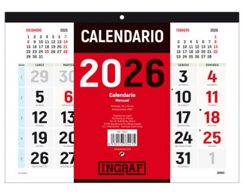 CALENDARIO 2026 PARED HORIZONTAL DOBLE CARA CASTELLANO INGRAF 333427 (Espera 4 dias)