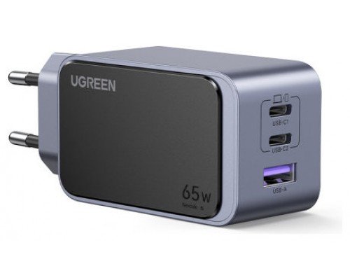 Ugreen Nexode Air 65W sieninis kroviklis, USB + 2x USB-C pilkos spalvos Ordenador portátil, Teléfono móvil, Ratón, Portátil, Batería portátil, Tableta Gris Corriente alterna Carga rápida Interior