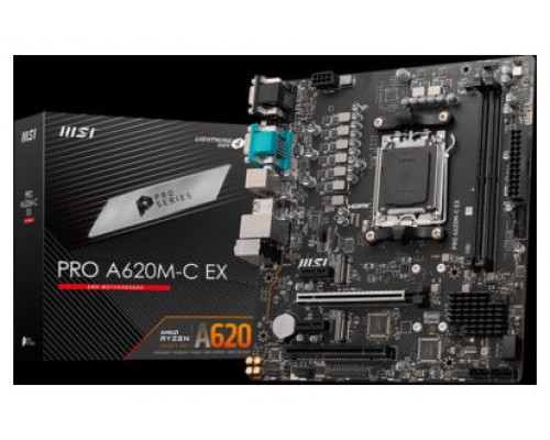 PLACA MSI PRO A620M-C EX,AMD,AM5,A620,2DDR5,128GB,VGA+DVI+HDMI+DP,GBLAN,4SATA6.0+2XM.2,4USB3.2+1USB3.2 TYPE-C,MATX