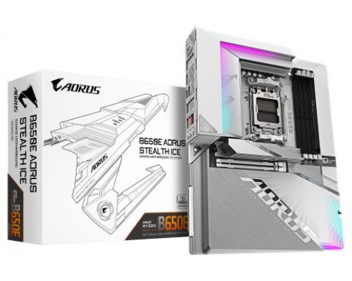 GIGABYTE B650E AORUS STEALTH ICE - Compatible con CPUs AMD Ryzen 9000, VRM de 12+2+2 fases, hasta 8000MHz DDR5 (OC), 1xPCIe 5.0 M.2 + 3xPCIe 4.0 M.2, Wi-Fi 7, LAN 2.5GbE, USB 3.2 Gen 2x2