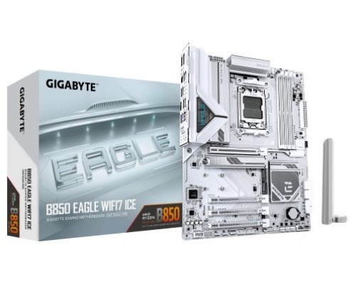 GIGABYTE B850 EAGLE WIFI7 ICE Placa base - Procesadores AMD Ryzen serie 9000, VRM digital de 8+2+2 fases, hasta 8200 MHz DDR5 (O.C.), 1x M.2 PCIe 5.0 + 2x M.2 PCIe 4.0, Wi-Fi 7, LAN 2.5 GbE, USB 3.2 Gen 2