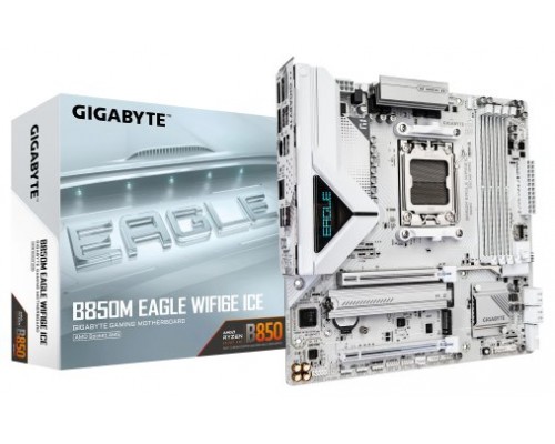 PLACA GIGABYTE B850M EAGLE WIFI6E ICE (BLANCO),AMD,AM5,B850,4DDR5,256GB,1HDMI+1DP,4SATA3+3M.2,GBELAN+WIFI6E+BT5.3,4USB3.2,MATX