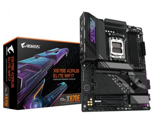 GIGABYTE Placa base X870E A ELITE WIFI7 - Compatible con CPUs AMD Ryzen 9000, VRM digital de 16+2+2 fases, hasta 8000MHz DDR5 (OC), 4xPCIe 5.0 + 4xM.2, Wi-Fi 7, LAN 2.5GbE, USB 3.2 Gen 2x2