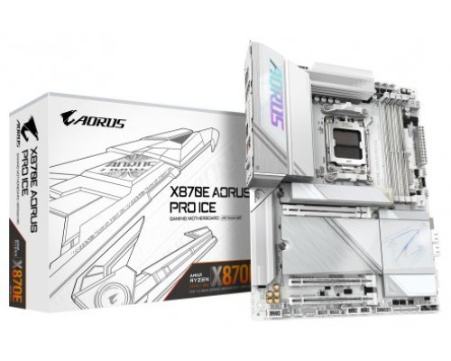 GIGABYTE Placa base X870E AORUS PRO ICE - Compatible con CPUs AMD Ryzen 9000, VRM digital de 16+2+2 fases, hasta 8000MHz DDR5 (OC), 4xM.2 + 4xPCIe 5.0, Wi-Fi 7, LAN 2.5GbE, USB 3.2 Gen 2x2