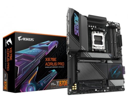 GIGABYTE Placa base X870E AORUS PRO - Compatible con CPUs AMD Ryzen 9000, VRM digital de 16+2+2 fases, hasta 8000MHz DDR5 (OC), 4xPCIe 5.0 + 4xM.2, Wi-Fi 7, LAN 2.5GbE, USB 3.2 Gen 2x2