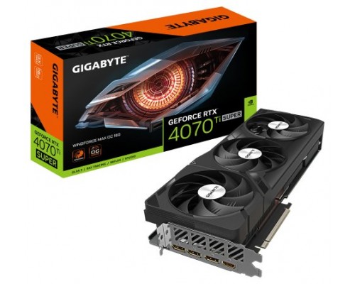 GIGABYTE GeForce RTX 4070 Ti SUPER WINDFORCE MAX OC - 16GB GDDR6X, 256bit, PCI-E 4.0, 2655MHz Frecuencia Base, 3 x DisplayPort 1.4a, 1 x HDMI 2.1a, NVIDIA DLSS 3, GV-N407TSWF3MAX OC-16GD