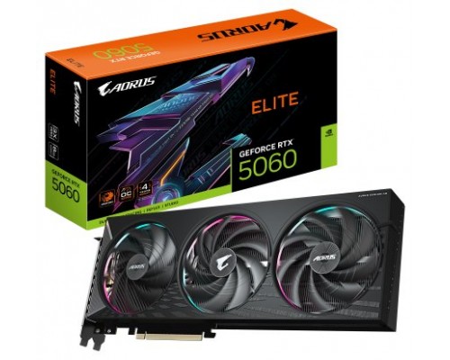 GIGABYTE AORUS GeForce RTX 5060 ELITE 8G Tarjeta Gráfica - 8GB GDDR7, 128bit, PCI-E 5.0, 2722 MHz Frecuencia del núcleo, 3 x DisplayPort, 1 x HDMI, GV-N5060AORUS E-8GD