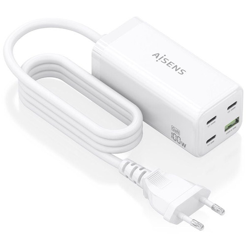 AISENS - CARGADOR SOBREMESA GaN 100W, 3xUSB-C PD3.0 QC4.0 QC5.0, 1xUSB-A QC3.0, BLANCO