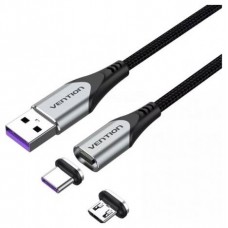 CABLE USB-A MAGNETICO CON ADAPTADOR MICROUSB/M USB-C/M 1.5 M GRIS VENTION (Espera 4 dias)