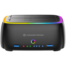 CONCEPTRONIC DONN36B Estacion de acoplamiento para discos duros RGB de doble bahia (para HDD/SSD de 2,5/3,5 pulgadas, 2x USB-A, lector de tarjetas SD/TF, UASP)-SX10 CONCEPTRONIC DONN36B Estacion de acoplamiento para discos duros RGB de doble bahia (para HDD/SSD de 2,5/3,5 pulgadas, 2x USB-A, lector de tarjetas SD/TF, UASP)