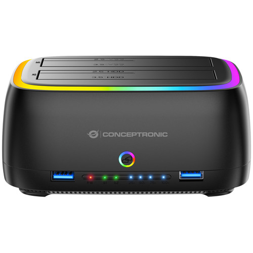 CONCEPTRONIC DONN36B Estacion de acoplamiento para discos duros RGB de doble bahia (para HDD/SSD de 2,5/3,5 pulgadas, 2x USB-A, lector de tarjetas SD/TF, UASP)-SX10 CONCEPTRONIC DONN36B Estacion de acoplamiento para discos duros RGB de doble bahia (para HDD/SSD de 2,5/3,5 pulgadas, 2x USB-A, lector de tarjetas SD/TF, UASP)