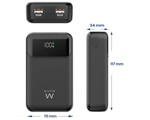 Ewent Power Bank de 65W y 20,000 mAh – Batería Externa de Carga Rápida con Entrada y Salida USB-C