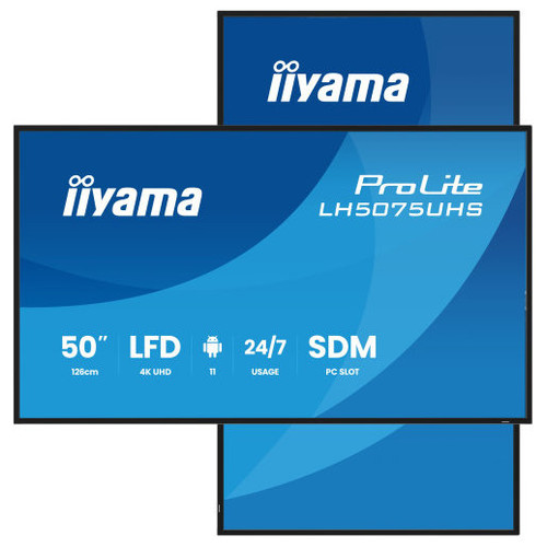 MONITOR TACTIL IIYAMA 50" 3840X2160, UHD VA, 500CD/M2, HORIZ VERT,FAILOVER,MM 2X 10W, HDMI 3X, DP, DP-OUT, USB 2.0 X2, WIFI, LAN, MEDIA PLAY USB, LAN / RS232C, IISIGNAGE2, IISHARE, IICONTROL ANDROID 11, PC-SLOT SDM-L, 24/7, VESA 400X400 (LH5075UHS-B2-MR120 MONITOR TACTIL IIYAMA 50" 3840X2160, UHD VA, 500CD/M2, HORIZ VERT,FAILOVER,MM 2X 10W, HDMI 3X, DP, DP-OUT, USB 2.0 X2, WIFI, LAN, MEDIA PLAY USB, LAN / RS232C, IISIGNAGE2, IISHARE, IICONTROL ANDROID 11, PC-SLOT SDM-L, 24/7, VESA 400X400 (LH5075UHS-B2