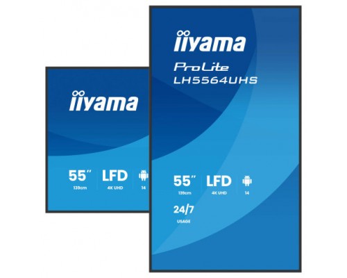 IIYAMA MONITOR 55" 3840x2160, UHD VA DLED  500cd/m, HORIZ Y VERT, MM 2x 10W, 2x HDMIx 1x USB-C, USB 2.0 x2, WiFi, LAN, Media Play USB Port, Control LAN / RS232C, Android 14 OS, 24/7 Operation, VESA Mount 400x400 - wallmount included (LH5564UHS-B1AG)