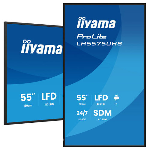 MONITOR IIYAMA 55" 3840X2160, UHD VA, 500CD/M2, HORIZ VERT,FAILOVER,MM 2X 10W, HDMI 3X, DP, DP-OUT, USB 2.0 X2, WIFI, LAN, MEDIA PLAY USB, LAN / RS232C, IISIGNAGE2, IISHARE, IICONTROL ANDROID 11, PC-SLOT SDM-L, 24/7, VESA 400X400 (LH5575UHS-B2AG)-MR128 MONITOR IIYAMA 55" 3840X2160, UHD VA, 500CD/M2, HORIZ VERT,FAILOVER,MM 2X 10W, HDMI 3X, DP, DP-OUT, USB 2.0 X2, WIFI, LAN, MEDIA PLAY USB, LAN / RS232C, IISIGNAGE2, IISHARE, IICONTROL ANDROID 11, PC-SLOT SDM-L, 24/7, VESA 400X400 (LH5575UHS-B2AG)