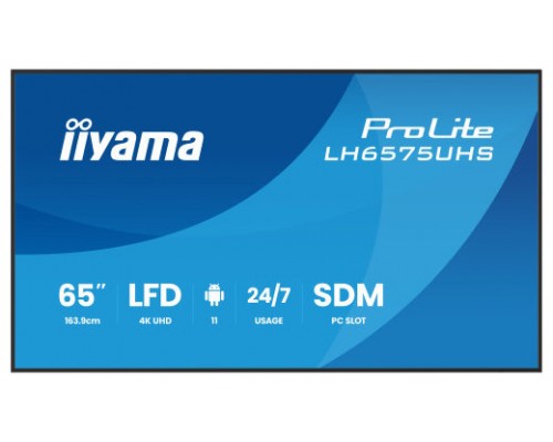 MONITOR IIYAMA 65" (LH6575UHS-B1AG)3840X2160, UHD IPS PANEL, OPERACION 24/7 500CD/M, LANDSCAPE PORTRAIT, SIGNAL FAILOVER, SPEAKERS 2X 10W, MULTIPLE INPUTS (DVI-I (VGA),HDMI 3X, DP-OUT ,USB 2.0 X2, WIFI, LAN, MEDIA PLAY USB PORT, CONTROL LAN/RS232