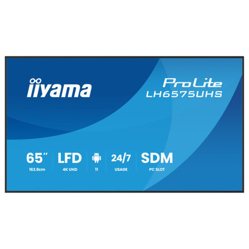 MONITOR IIYAMA 65" (LH6575UHS-B1AG)3840X2160, UHD IPS PANEL, OPERACION 24/7 500CD/M, LANDSCAPE PORTRAIT, SIGNAL FAILOVER, SPEAKERS 2X 10W, MULTIPLE INPUTS (DVI-I (VGA),HDMI 3X, DP-OUT ,USB 2.0 X2, WIFI, LAN, MEDIA PLAY USB PORT, CONTROL LAN/RS232-MR173 MONITOR IIYAMA 65" (LH6575UHS-B1AG)3840X2160, UHD IPS PANEL, OPERACION 24/7 500CD/M, LANDSCAPE PORTRAIT, SIGNAL FAILOVER, SPEAKERS 2X 10W, MULTIPLE INPUTS (DVI-I (VGA),HDMI 3X, DP-OUT ,USB 2.0 X2, WIFI, LAN, MEDIA PLAY USB PORT, CONTROL LAN/RS232