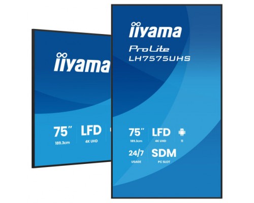 MONITOR IIYAMA 75" (LH7575UHS-B2AG) 3840X2160 / 4K UHD / 24/7 / 500 CD/M / 8MS / DP / 3XHDMI / MICRO SD SLOT /  E-SHARE /IISIGNAGE 2  / RJ45 / SDM SLOT PC / ANDROID 11.0