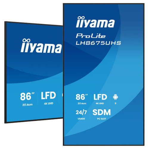 MONITOR TACTIL IIYAMA 86" 3840X2160, UHD VA, 500CD/M2, HORIZ VERT,FAILOVER, MM 2X 10W, HDMI 3X, DP, DP-OUT, USB 2.0 X2, WIFI, LAN, MEDIA PLAY USB, LAN / RS232C, IISIGNAGE2, IISHARE, IICONTROL ANDROID 11, PC-SLOT SDM-L, 24/7, VESA 600X400 (LH8675UHS-B-MR324 MONITOR TACTIL IIYAMA 86" 3840X2160, UHD VA, 500CD/M2, HORIZ VERT,FAILOVER, MM 2X 10W, HDMI 3X, DP, DP-OUT, USB 2.0 X2, WIFI, LAN, MEDIA PLAY USB, LAN / RS232C, IISIGNAGE2, IISHARE, IICONTROL ANDROID 11, PC-SLOT SDM-L, 24/7, VESA 600X400 (LH8675UHS-B