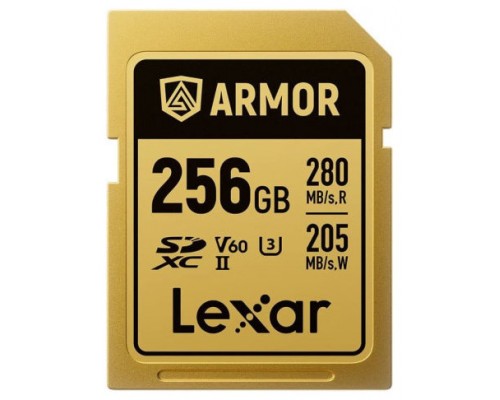LEXAR 256GB PROFESSIONAL ARMOR GOLD SDXC UHS-II CARDS,  UP TO 280MB/S READ 210MB/S WRITE C10 V60 U3,STAINLESS STEEL CASING, IP68