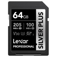 LEXAR 64GB PROFESSIONAL SILVER PLUS SDXC UHS-I CARDS,  UP TO 205MB/S READ 100MB/S WRITE C10 V30 U3