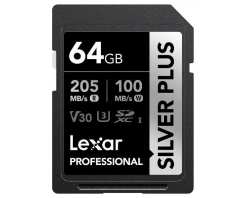 LEXAR 64GB PROFESSIONAL SILVER PLUS SDXC UHS-I CARDS,  UP TO 205MB/S READ 100MB/S WRITE C10 V30 U3