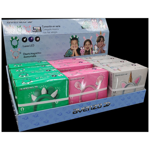 AVENZO Pack Auriculares Infantiles + Expositor: 4 Conejo + 4 Dinosaurio + 4 Unicornio + expositor-SX20 AVENZO Pack Auriculares Infantiles + Expositor: 4 Conejo + 4 Dinosaurio + 4 Unicornio + expositor