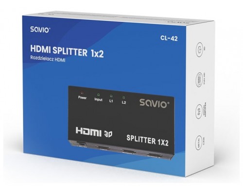 SPLITTER 1X2 HDMI FULL HD 3D SAVIO CL-42 NEGRO