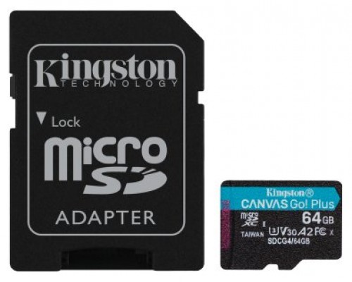 Kingston Technology Tarjeta microSDXC Canvas Go Plus Gen4 de 64 GB, 200 MB/s, A2 U3 V30 y adaptador