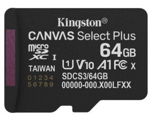 Kingston Technology 64GB micSDXC Canvas Select Plus Gen3 100R A1 (Adaptador de SD no incluido)