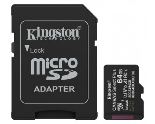 Kingston Technology 64GB microSDXC Canvas Select Plus Gen3 100MB/s A1 (Incluye adaptador de SD)