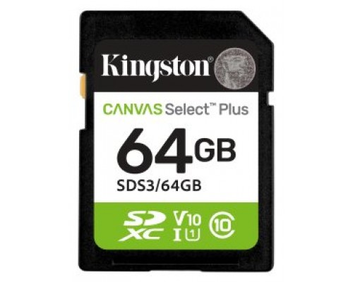 Kingston Technology 64 GB SDXC Canvas Select Plus Gen3 100 MB/s C10 UHS-I U1 V10