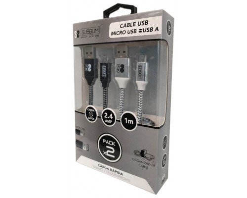 SUBBLIM PACK 2 CABLES USB A MICRO USB (2.4A) 1M BLACK/SILVER