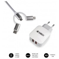 SUBBLIM CARGADOR USB DE VIAJE/PARED 2xUSB (2.4A) + CABLE 3EN1 WHITE Plata, Blanco Interior