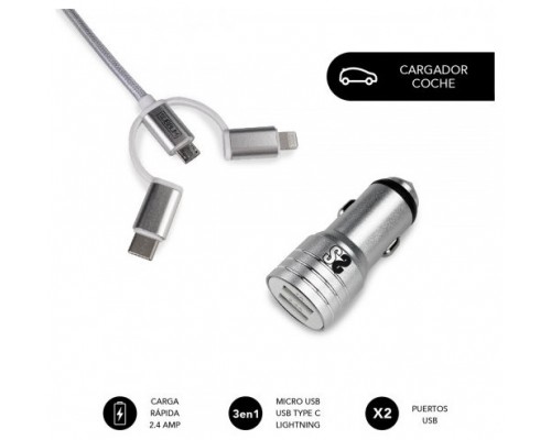 SUBBLIM Cargador Coche 2xUSB Dual Car Charger Alum 2.4A + Cable 3 in 1 Silver