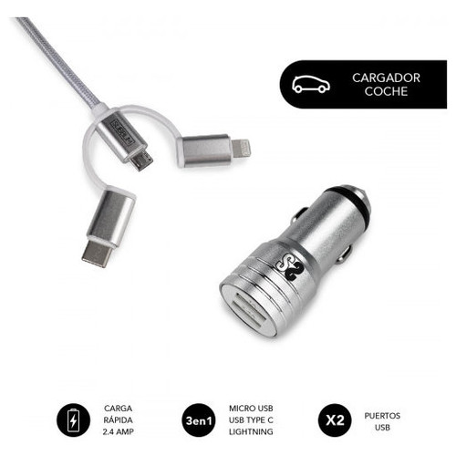 SUBBLIM Cargador Coche 2xUSB Dual Car Charger Alum 2.4A + Cable 3 in 1 Silver-MR1 SUBBLIM Cargador Coche 2xUSB Dual Car Charger Alum 2.4A + Cable 3 in 1 Silver