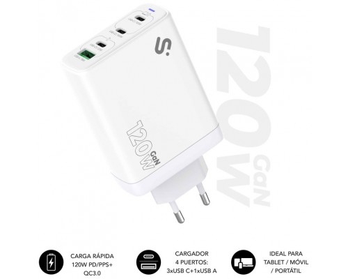 CARGADOR PARED/VIAJE 3xUSB-C + USB/A GaN 120W PD BLANCO SUBBLIM (Espera 4 dias)