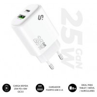SUBBLIM Cargador GaN 25 W USB-C PD 3.0 + PPS & USB-A QC 3.0, Doble Puerto Rápido para tablets iPad Pro/Air/10/Mini, Galaxy Tab S9-S7, móviles iPhone 16-12, Pixel, Xiaomi, Switch, Compacto y Seguro