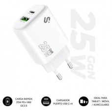 SUBBLIM Cargador GaN 25 W USB-C PD 3.0 + PPS & USB-A QC 3.0, Doble Puerto Rápido para tablets iPad Pro/Air/10/Mini, Galaxy Tab S9-S7, móviles iPhone 16-12, Pixel, Xiaomi, Switch, Compacto y Seguro
