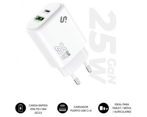 SUBBLIM Cargador GaN 25 W USB-C PD 3.0 + PPS & USB-A QC 3.0, Doble Puerto Rápido para tablets iPad Pro/Air/10/Mini, Galaxy Tab S9-S7, móviles iPhone 16-12, Pixel, Xiaomi, Switch, Compacto y Seguro