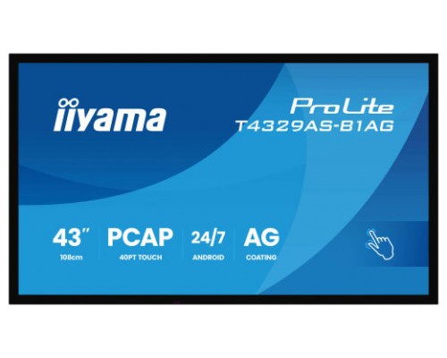MONITOR IIYAMA 43" ALL-IN-ONE PCAP INTERACTIVE/ ANDROID 14 OS/ 3840 x 2160/ 450CD/M² WITH TOUCH/ HDMI X2 + USB-C/RS-232C X1/ WiFi 5 - 2.4G / 5G/ RAM: 4GB, ROM: 32GB/ TOUCH THROUGH-GLASS (T4329AS-B1AG)