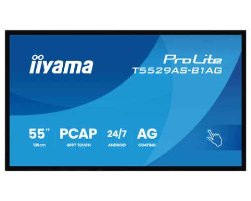 MONITOR IIYAMA 55" ALL-IN-ONE INTERACTIVE DISPLAY/ ANDROID 14 OS/ 3840X2160, 4K UHD PANEL, 2XHDMI + USB-C (DP-ALT), 450CD/M², USB TOUCH INTERFACE, 4GB RAM / 32GB STORAGE, RS232C,  USB 2X 2.0, LAN, WIFI, 24/7 OPERATION, IISHARE, (T5529AS-B1AG)
